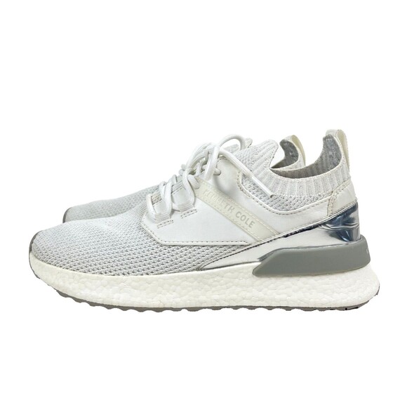 Kenneth Cole Lessia Knit Sock Sneakers Silver Mirrored Panel at Heel White Sz 8 - Picture 1 of 11